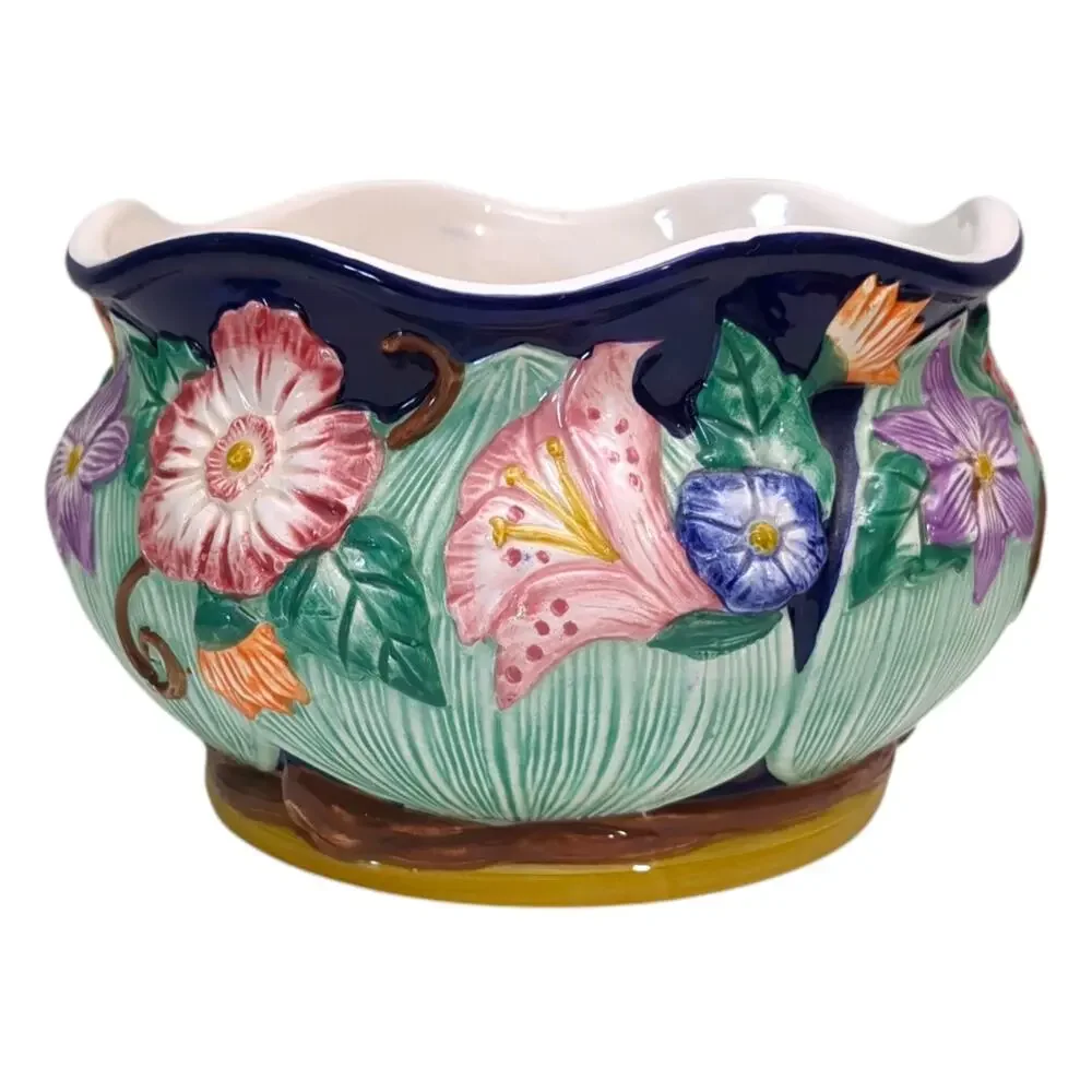 VTG Fitz & Floyd 1994 Hand-Painted Majolica Raised Ceramic FLORAL BOWL~PLANTER